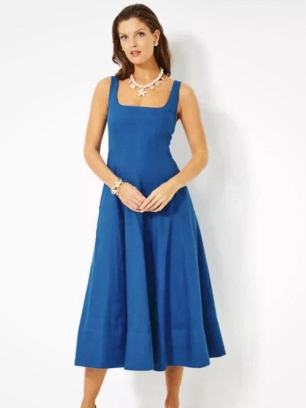 Lilly Pulitzer NWT Calina 100% Linen Fit & Flare Midi Dress In Barton Blue-14
